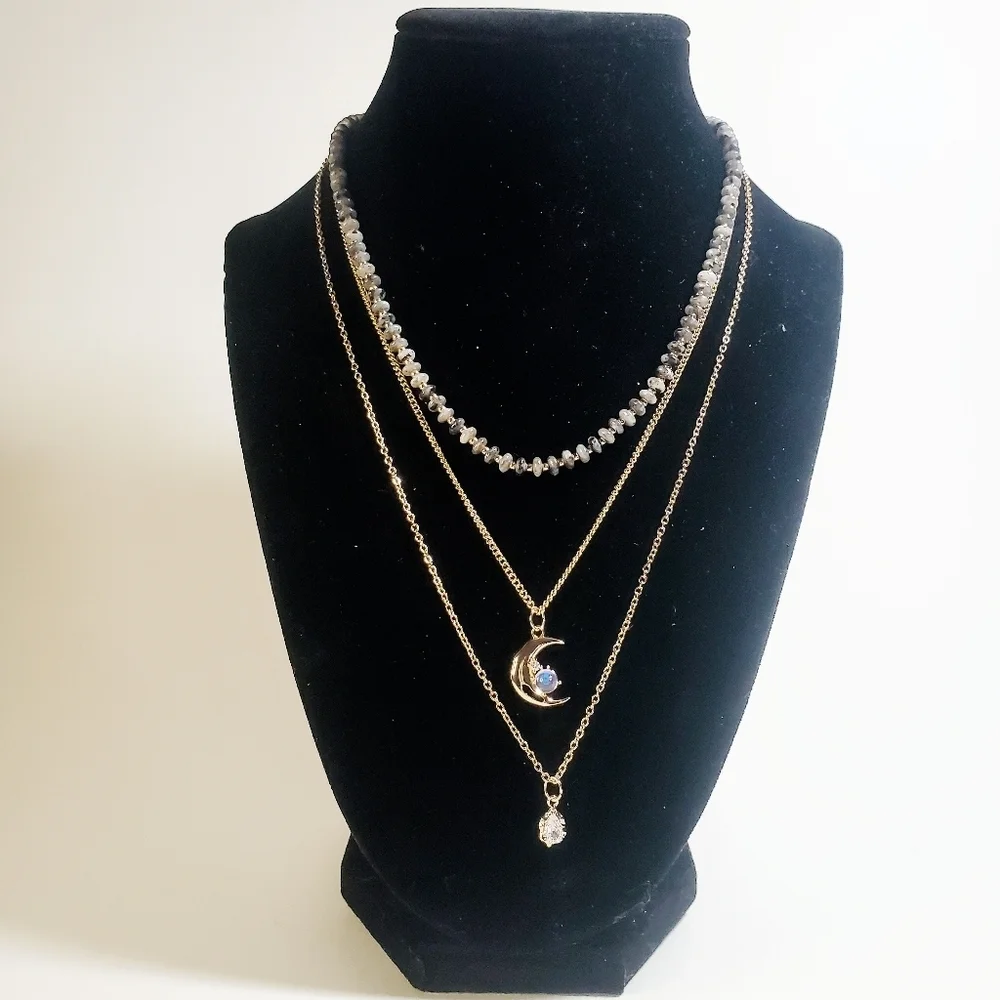 3 Tier Layer Necklace Semiprecious Stone, Cubic Zirconia Charms Gold Tone NWT